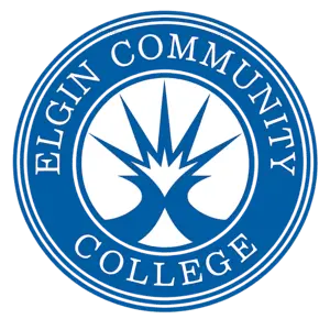 Elgin Community College circular blue logo with white text and a stylized tree emblem in the center.