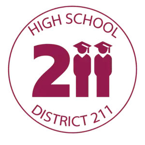 High School District 211 logo, maroon circular school district emblem with bold 211 typography