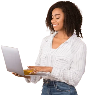 A woman in casual attire holding a laptop, representing career control and opportunities.