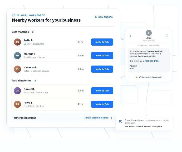 Snaproles business results with nearby hourly workers and Invite to Talk actions.