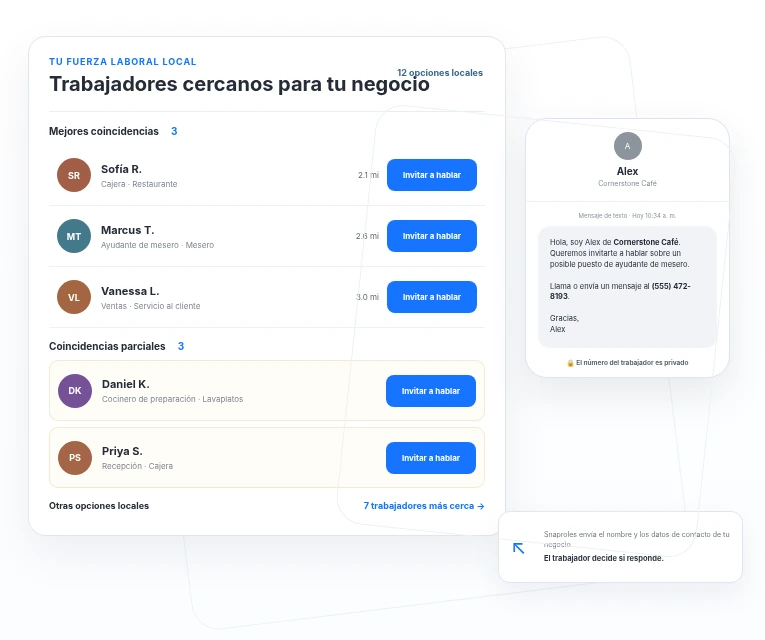 Resultados de Snaproles con trabajadores cercanos y acciones para invitar a conversar.