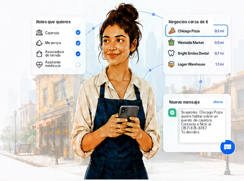 Trabajadora usando Snaproles con puestos locales, negocios cercanos y una invitación para conversar.